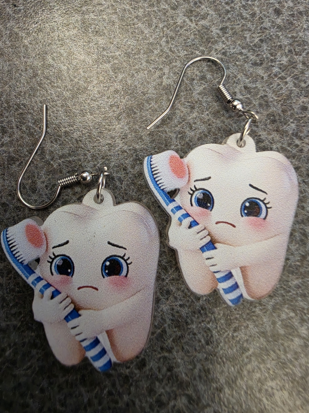 Cute Tooth & Toothbrush Dangle Earrings - White & Blue